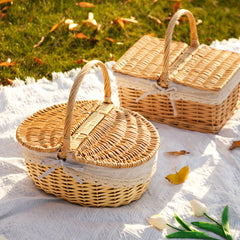 Handwoven Wicker Picnic Basket with Handle – Rustic Boho Style Storage Basket for Outdoor Camping, Fruits, Flowers & Home Decor