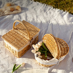 Handwoven Wicker Picnic Basket with Handle – Rustic Boho Style Storage Basket for Outdoor Camping, Fruits, Flowers & Home Decor
