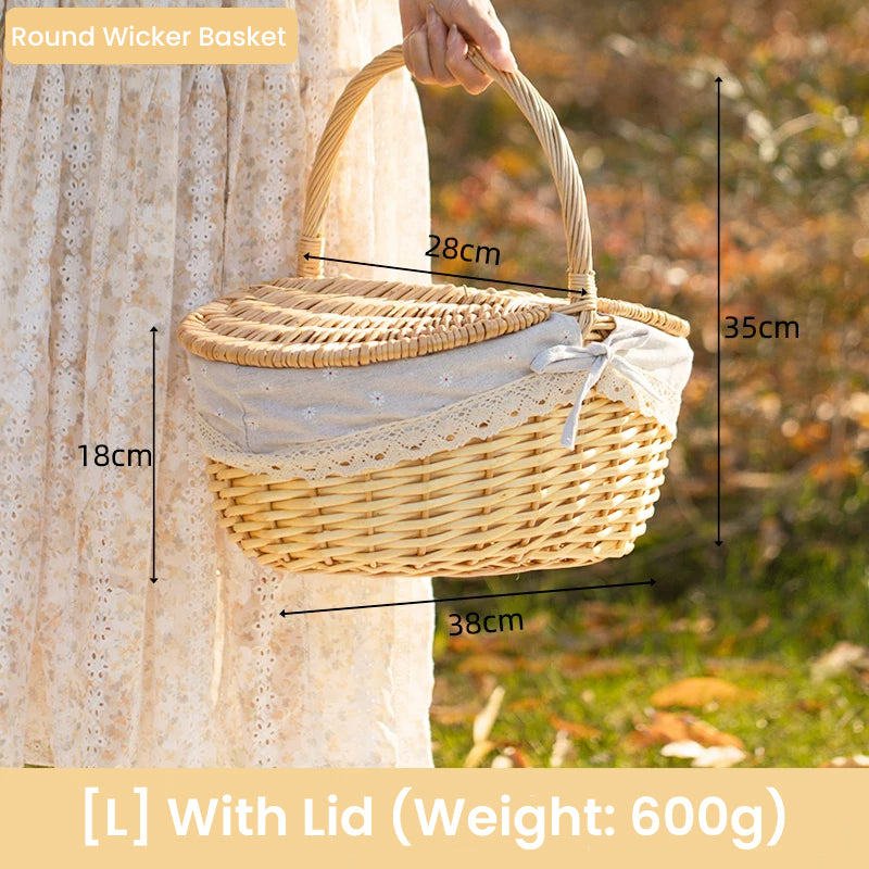 Handwoven Wicker Picnic Basket with Handle – Rustic Boho Style Storage Basket for Outdoor Camping, Fruits, Flowers & Home Decor