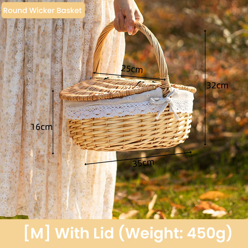 Handwoven Wicker Picnic Basket with Handle – Rustic Boho Style Storage Basket for Outdoor Camping, Fruits, Flowers & Home Decor