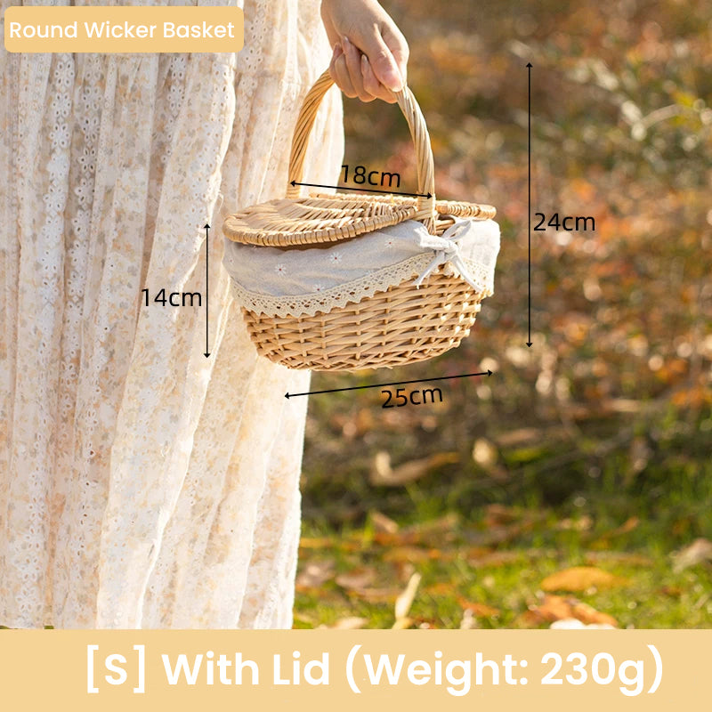 Handwoven Wicker Picnic Basket with Handle – Rustic Boho Style Storage Basket for Outdoor Camping, Fruits, Flowers & Home Decor