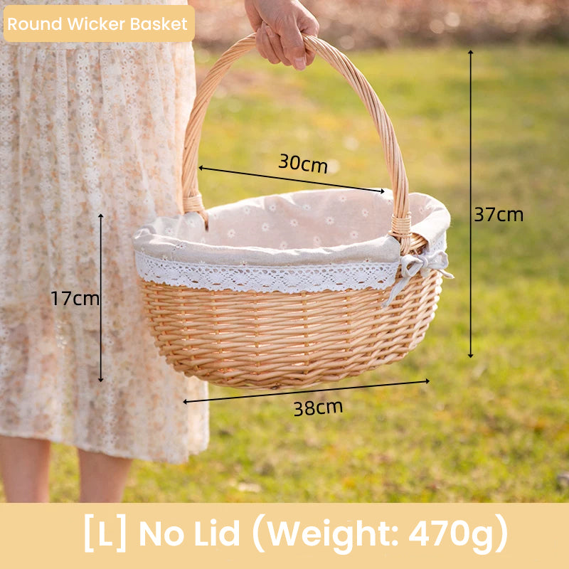 Handwoven Wicker Picnic Basket with Handle – Rustic Boho Style Storage Basket for Outdoor Camping, Fruits, Flowers & Home Decor