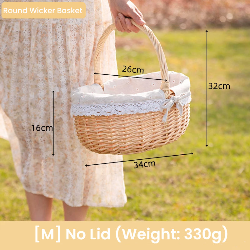 Handwoven Wicker Picnic Basket with Handle – Rustic Boho Style Storage Basket for Outdoor Camping, Fruits, Flowers & Home Decor