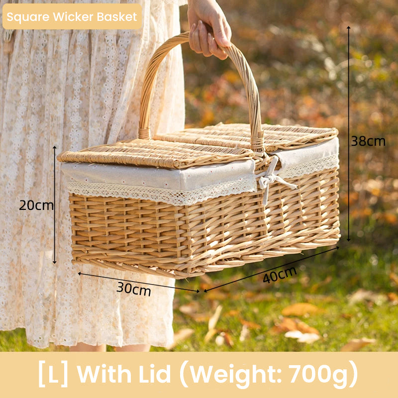 Handwoven Wicker Picnic Basket with Handle – Rustic Boho Style Storage Basket for Outdoor Camping, Fruits, Flowers & Home Decor