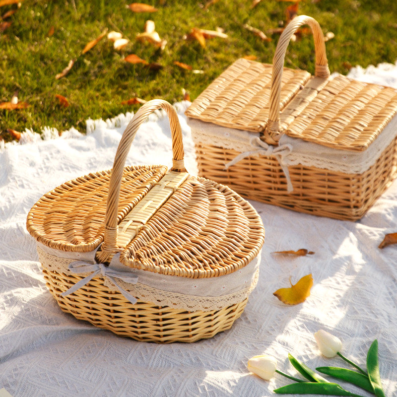 Handwoven Wicker Picnic Basket with Handle – Rustic Boho Style Storage Basket for Outdoor Camping, Fruits, Flowers & Home Decor