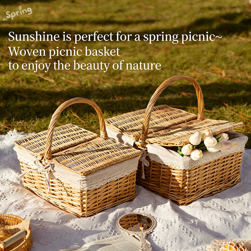 Handwoven Wicker Picnic Basket with Handle – Rustic Boho Style Storage Basket for Outdoor Camping, Fruits, Flowers & Home Decor